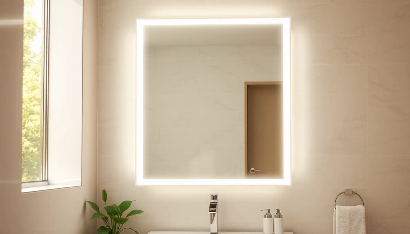 View of an elegant LED mirror reflecting natural light in a modern bathroom.