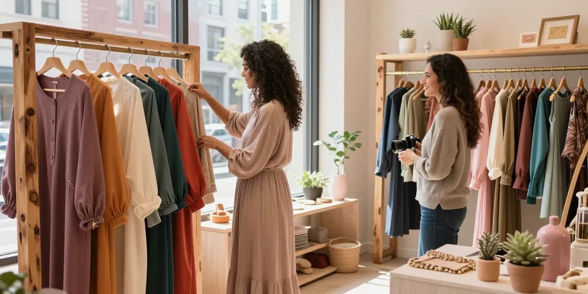 Modest clothing options displayed in a boutique, showcasing diversity and style in a vibrant, welcoming atmosphere.