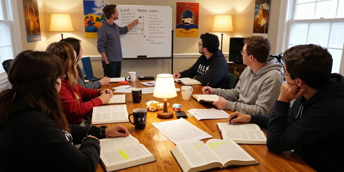Study group exploring Revelation Explained with Bibles and discussion materials in a cozy room