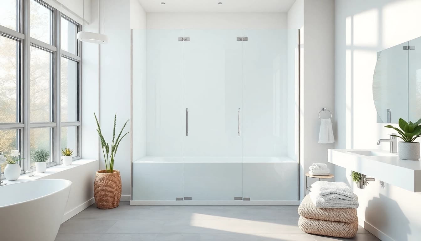 Moderne duschkabine 100x100 pendeltür in elegantem Badezimmer mit natürlichem Licht.