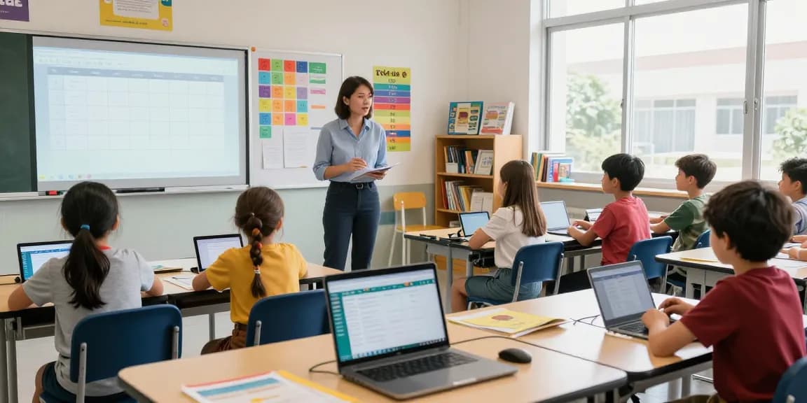 Engaging classroom scene showcasing a School Scheduling Platform used by students and a teacher.