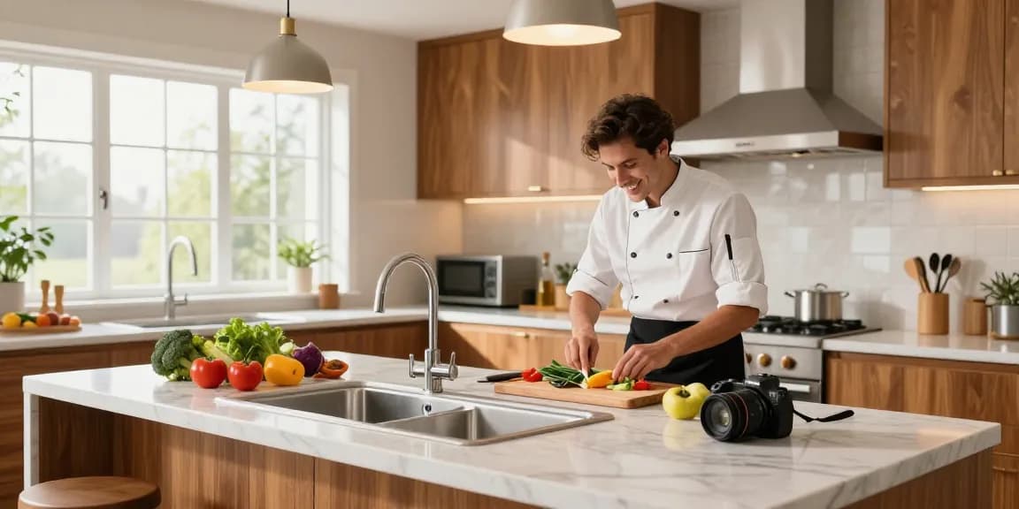 Stylish kitchen sink in stainless steel with home cook preparing fresh ingredients, showcasing modern kitchen design.