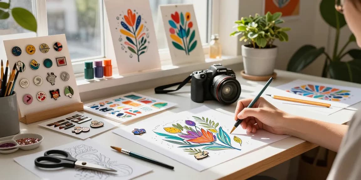 Custom enamel pins design process in a vibrant creative studio.