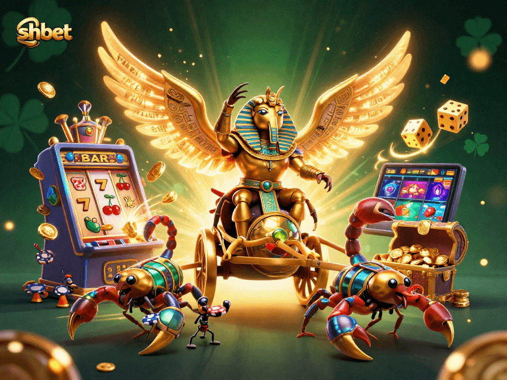 Experience shbet's thrilling jackpot with a golden scarab beetle and casino elements bursting in excitement.