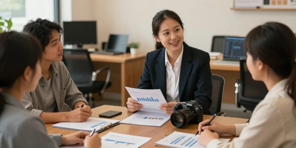 Trusted provider discussing annuities with local clients in inviting financial office.