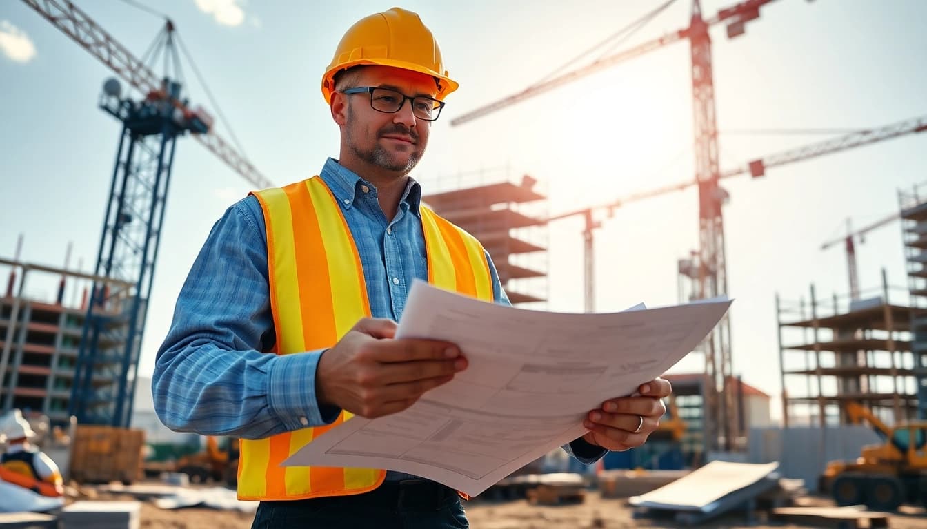 New Jersey Construction Manager supervising construction activities with equipment and blueprints.