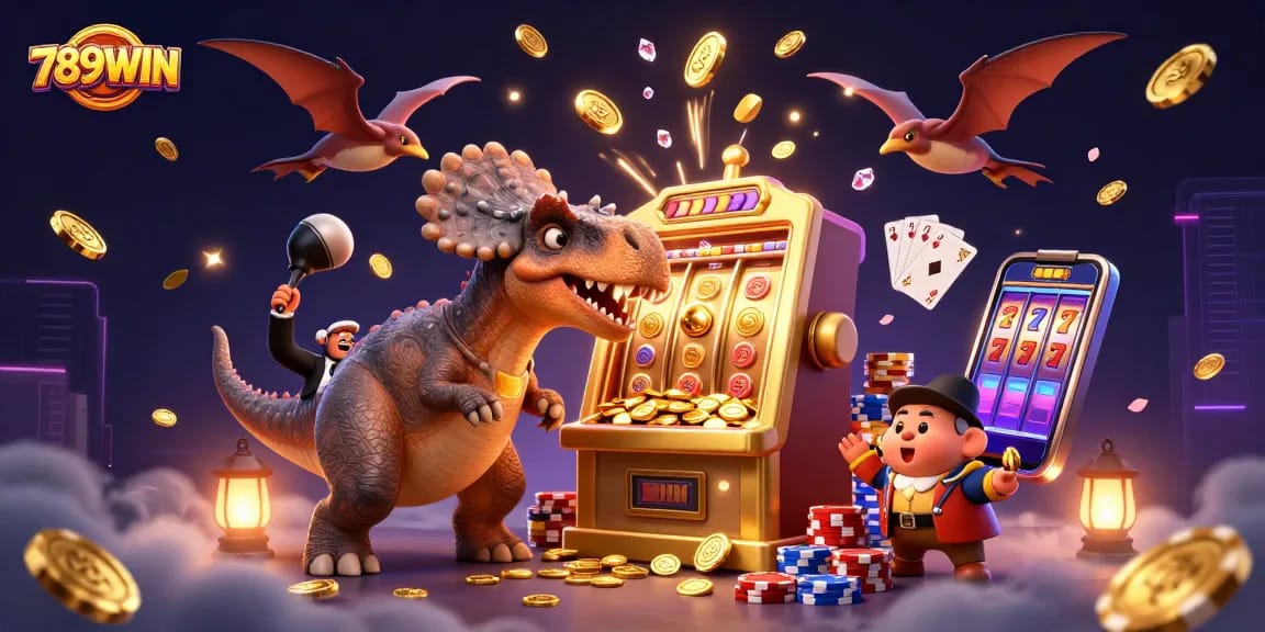 Experience the excitement of 789WIN with a lively jackpot scene featuring dynamic characters and casino elements.