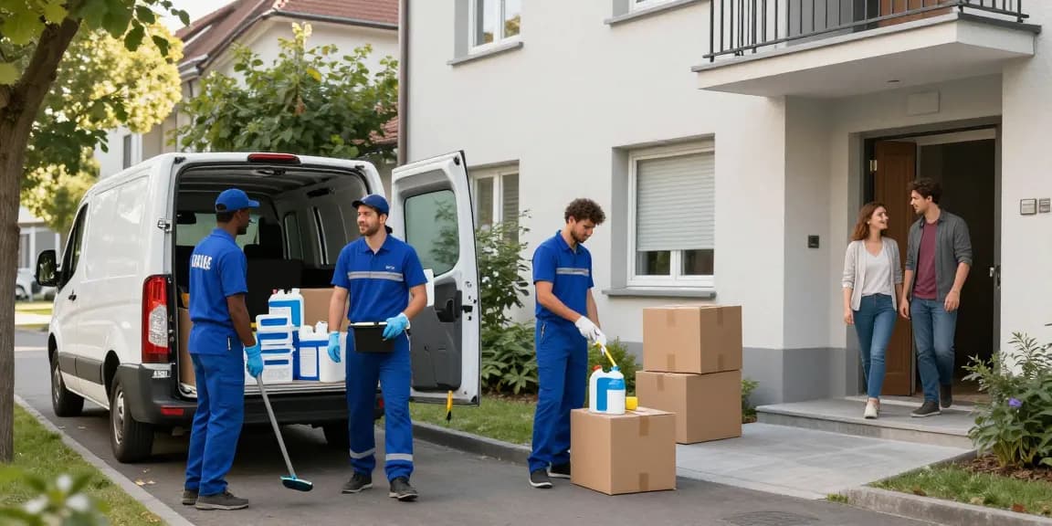 Umzugsreinigung Solothurn team preparing for a residential cleaning, showcasing professionalism in a vibrant urban setting.