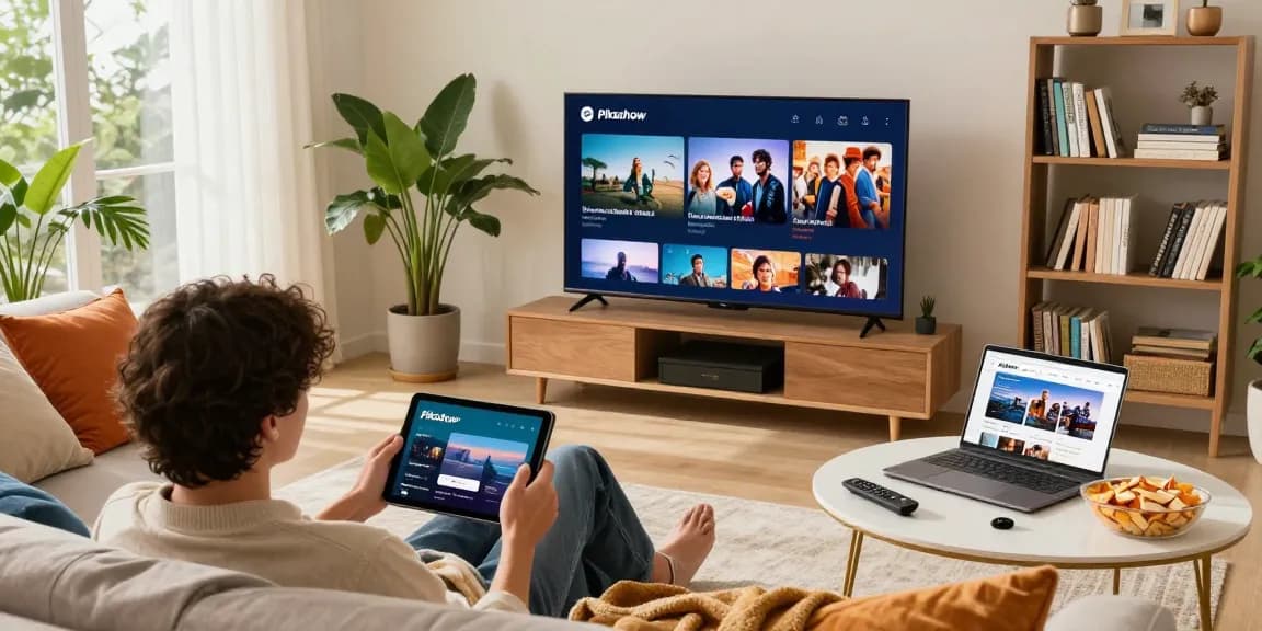 Pikashow app streaming movies in a cozy living room with natural light and vibrant decor