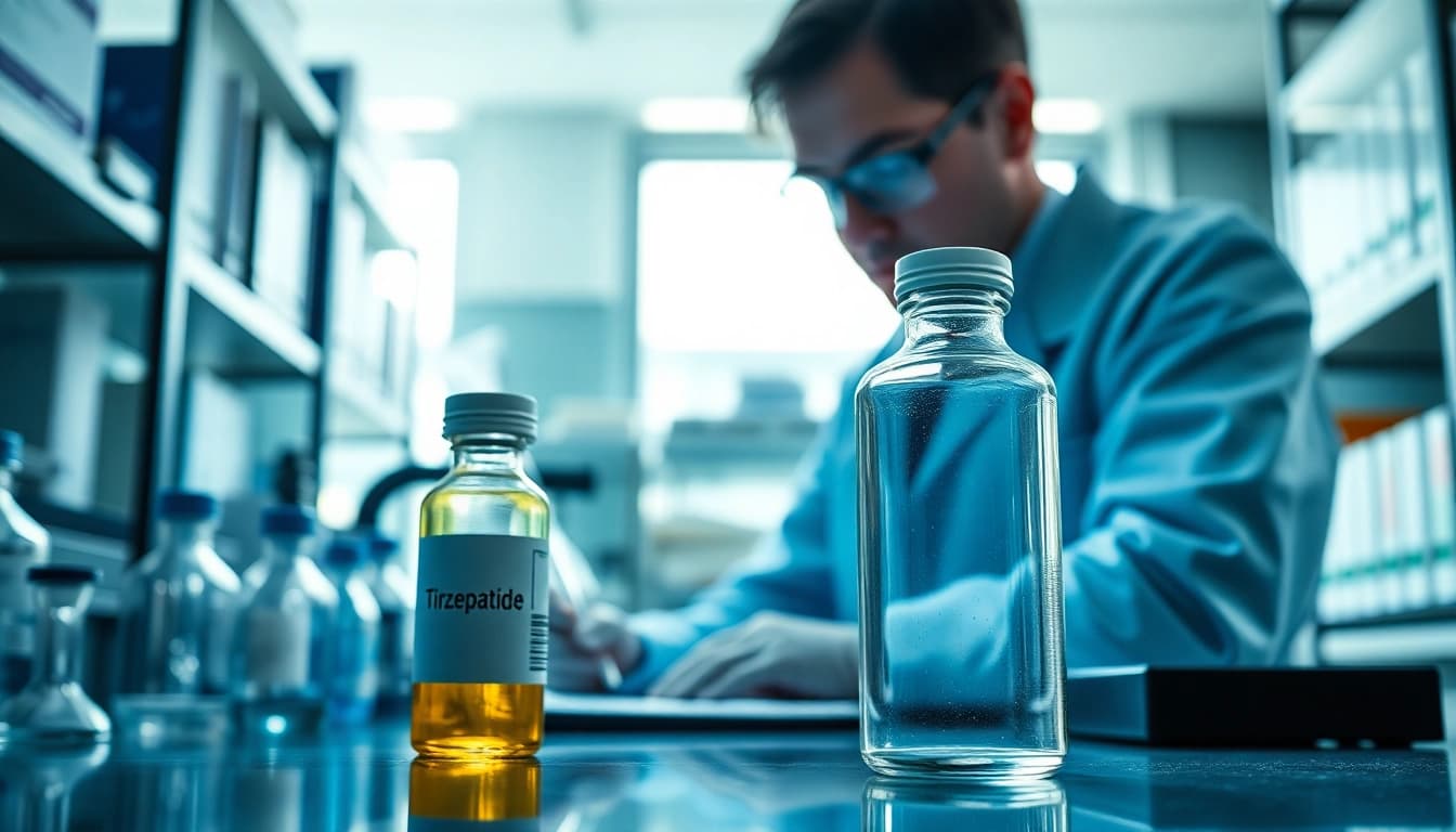 Tirzepatide research setting highlighting a vial and lab equipment to imply innovation in diabetes treatment.