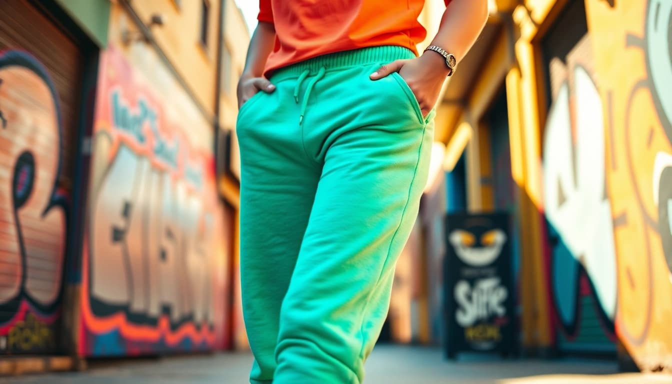 Model showcasing stylish french terry sweatpants in a vibrant urban backdrop.