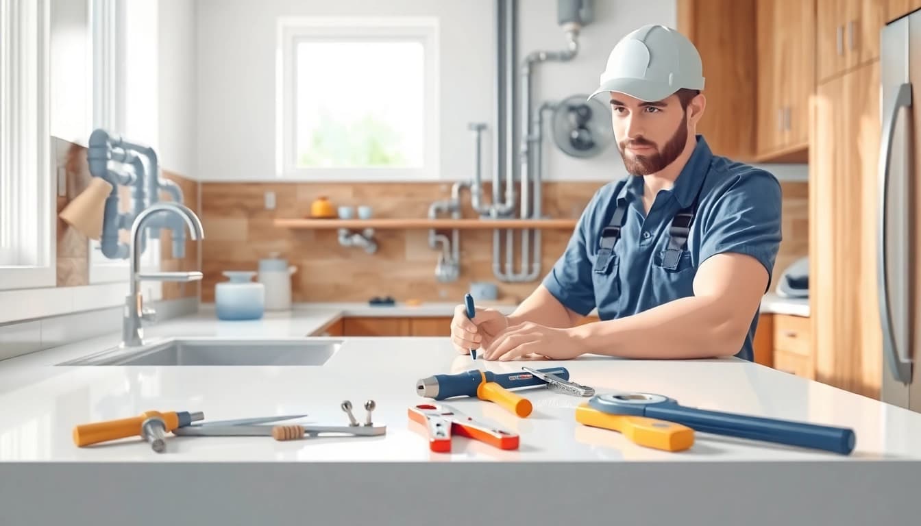 Find a skilled plumber near me working in a well-lit kitchen, showcasing efficiency and expertise.