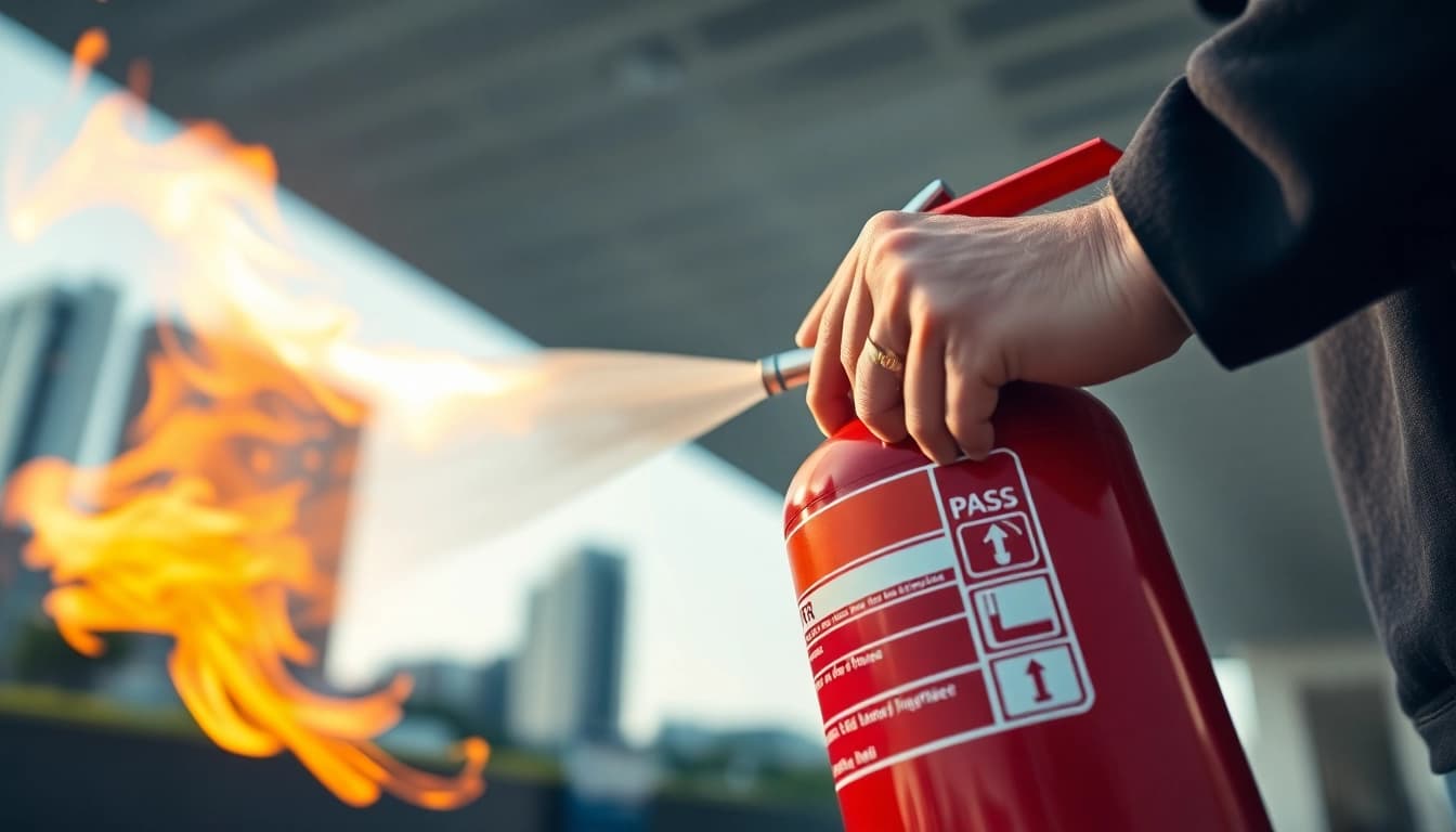 Showcase proper usage of pass fire extinguisher during a fire safety demonstration.