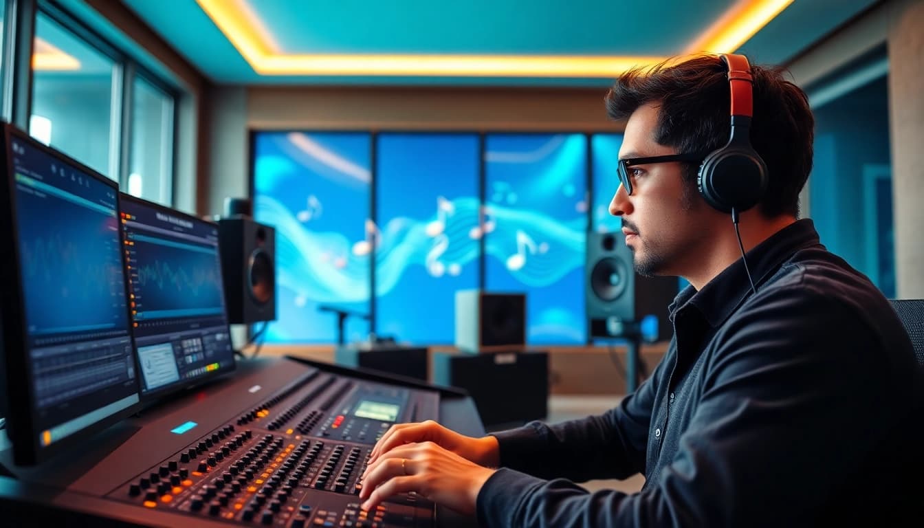 Online mastering process showing an audio engineer in action with studio equipment.