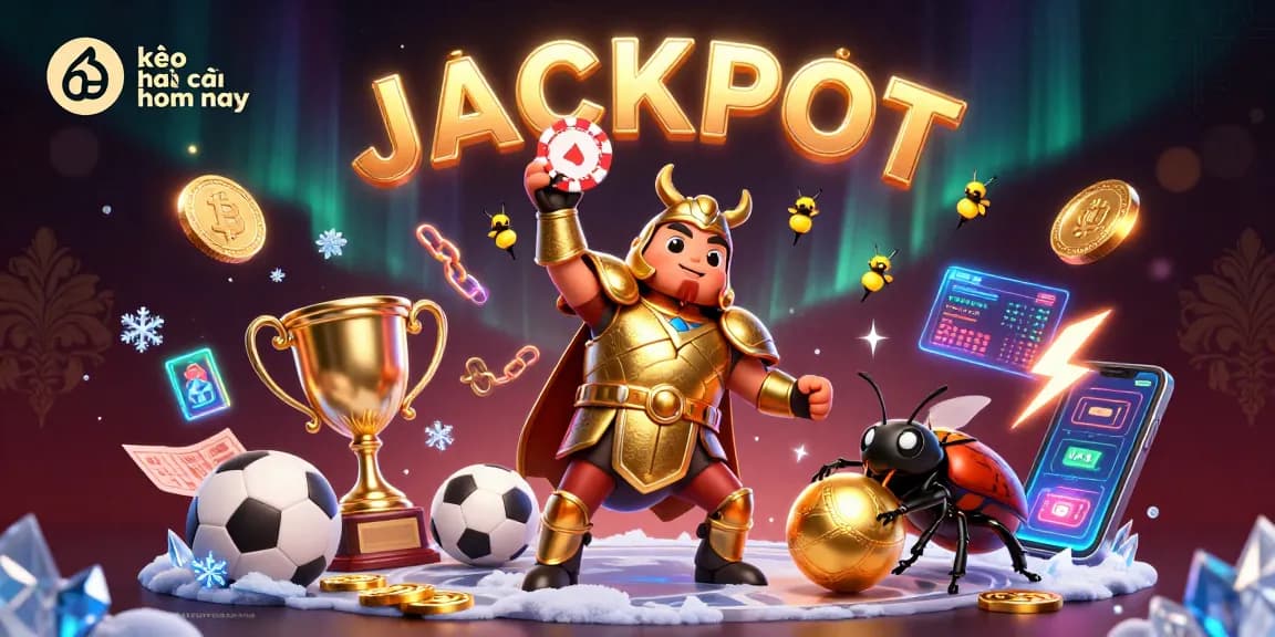 Engage with kèo nhà cái hôm nay in a vibrant 3D illustration of a victorious beetle lifting a poker chip, surrounded by sports betting elements.