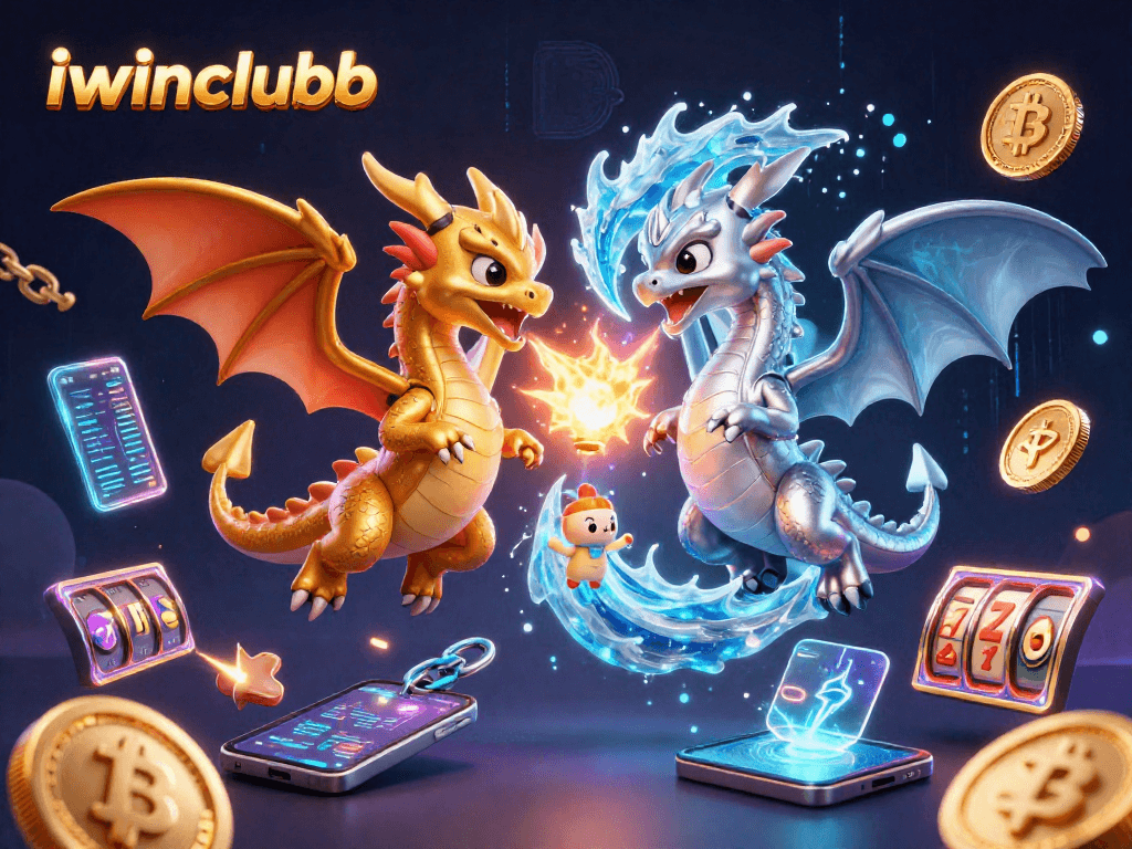 iwinclubb dragons duel in mesmerizing casino-themed 3D illustration with crypto elements