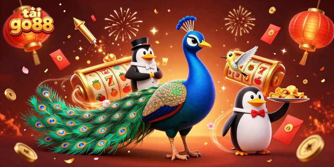 Engage with tải go88 through a vibrant casino illustration featuring a peacock and playful characters.