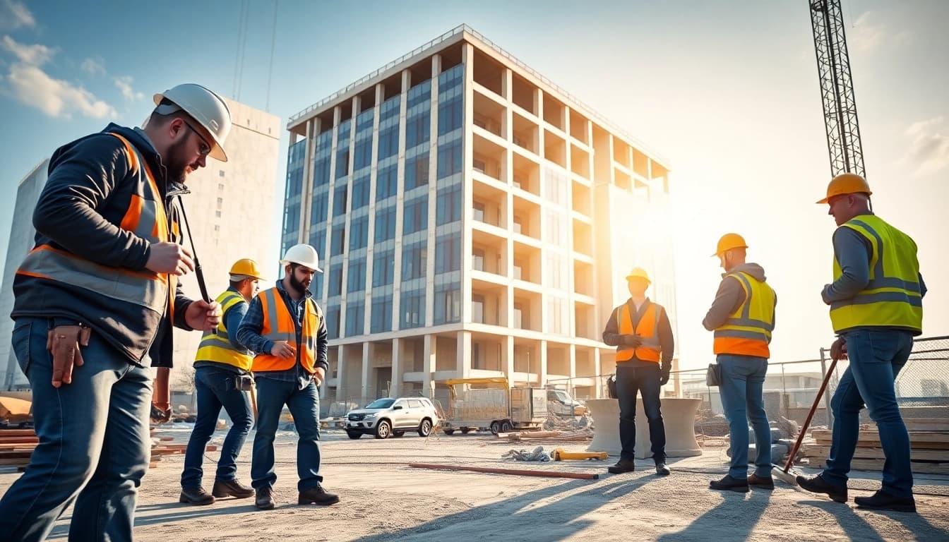 New Jersey Commercial General Contractor overseeing a bustling construction site with professionals engaged in building activities.