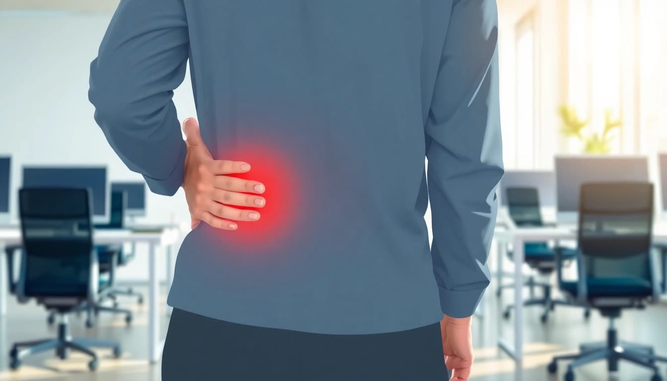 Understanding back pain causes illustrated by a person in an office showing discomfort.