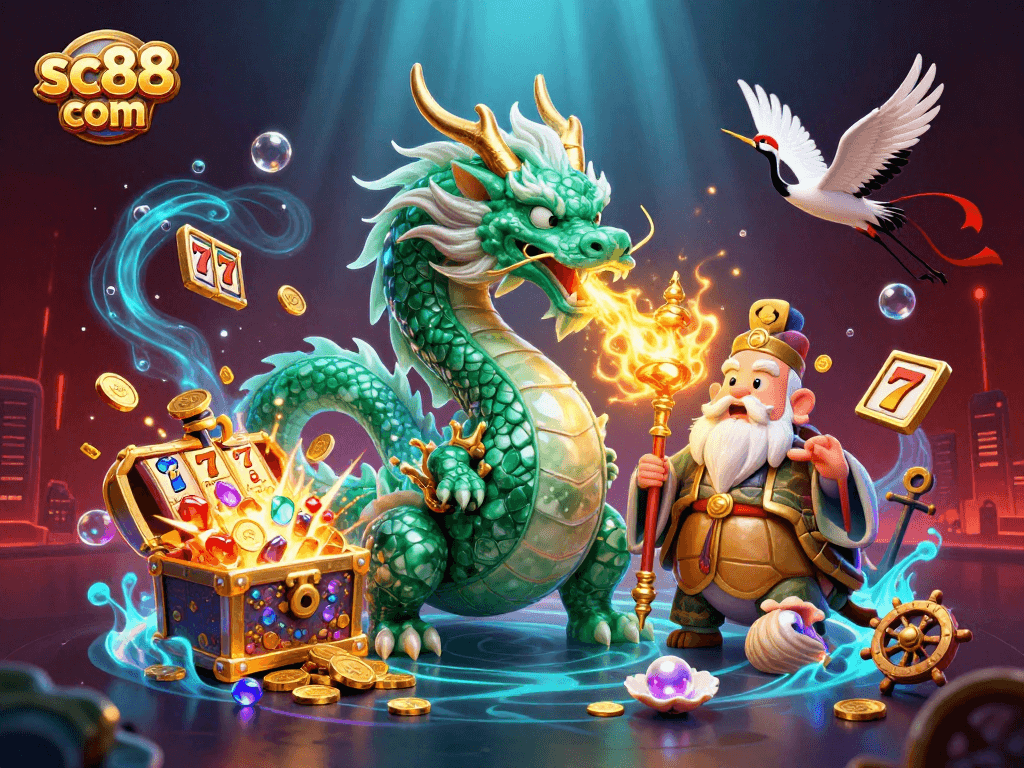 Play thrilling games at sc88 com with an emerald dragon and lucky cranes in a vibrant casino scene.