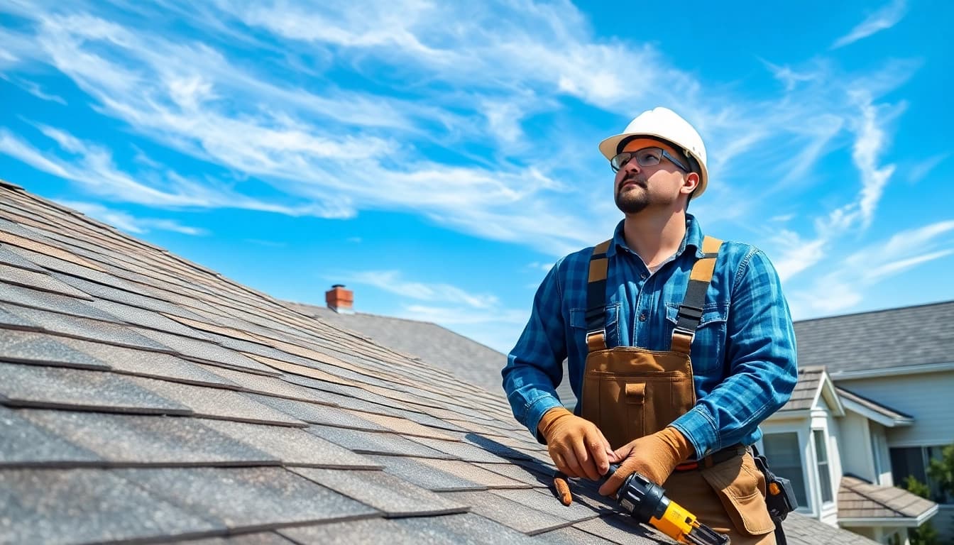 Roofing contractor inspecting rooftops with safety gear in a residential setting.