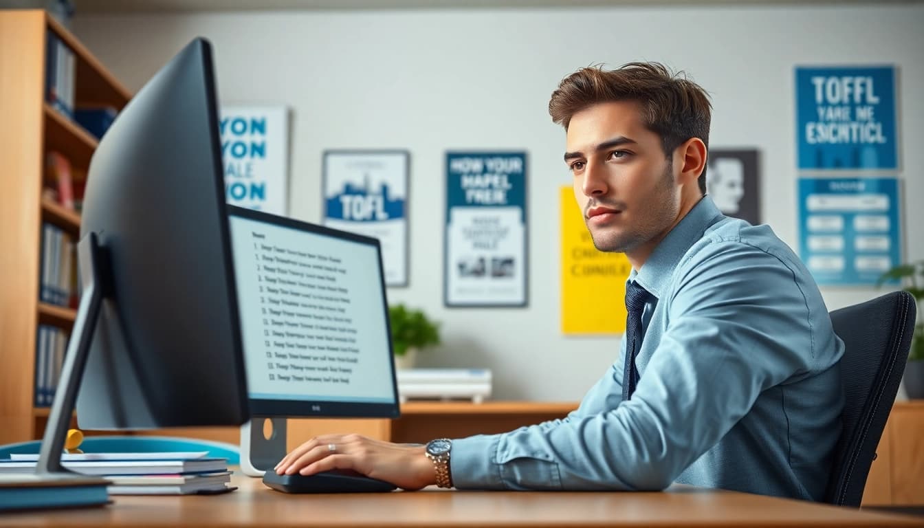 Pay someone to take TOEFL for a focused test-taker in a modern office setting.