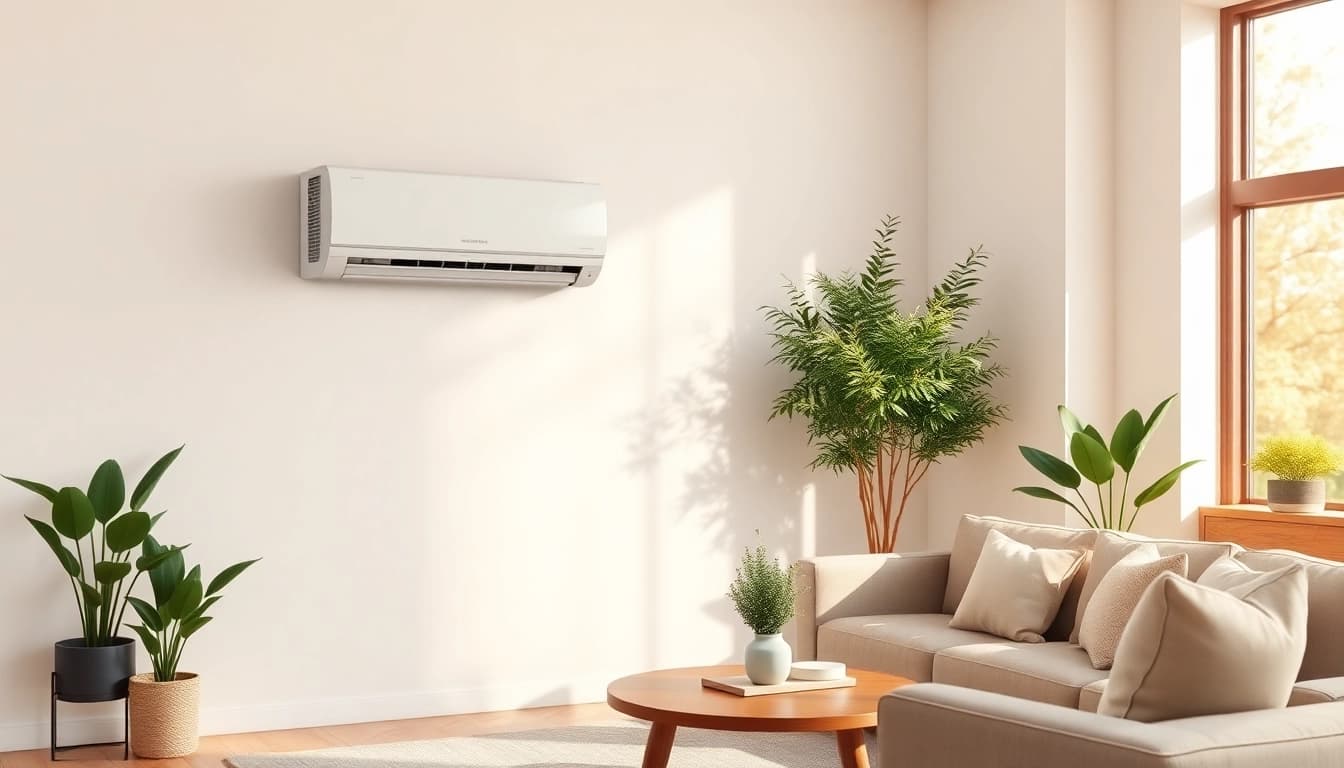 Install a mitsubishi mini split ac unit in a stylish living room with natural light.