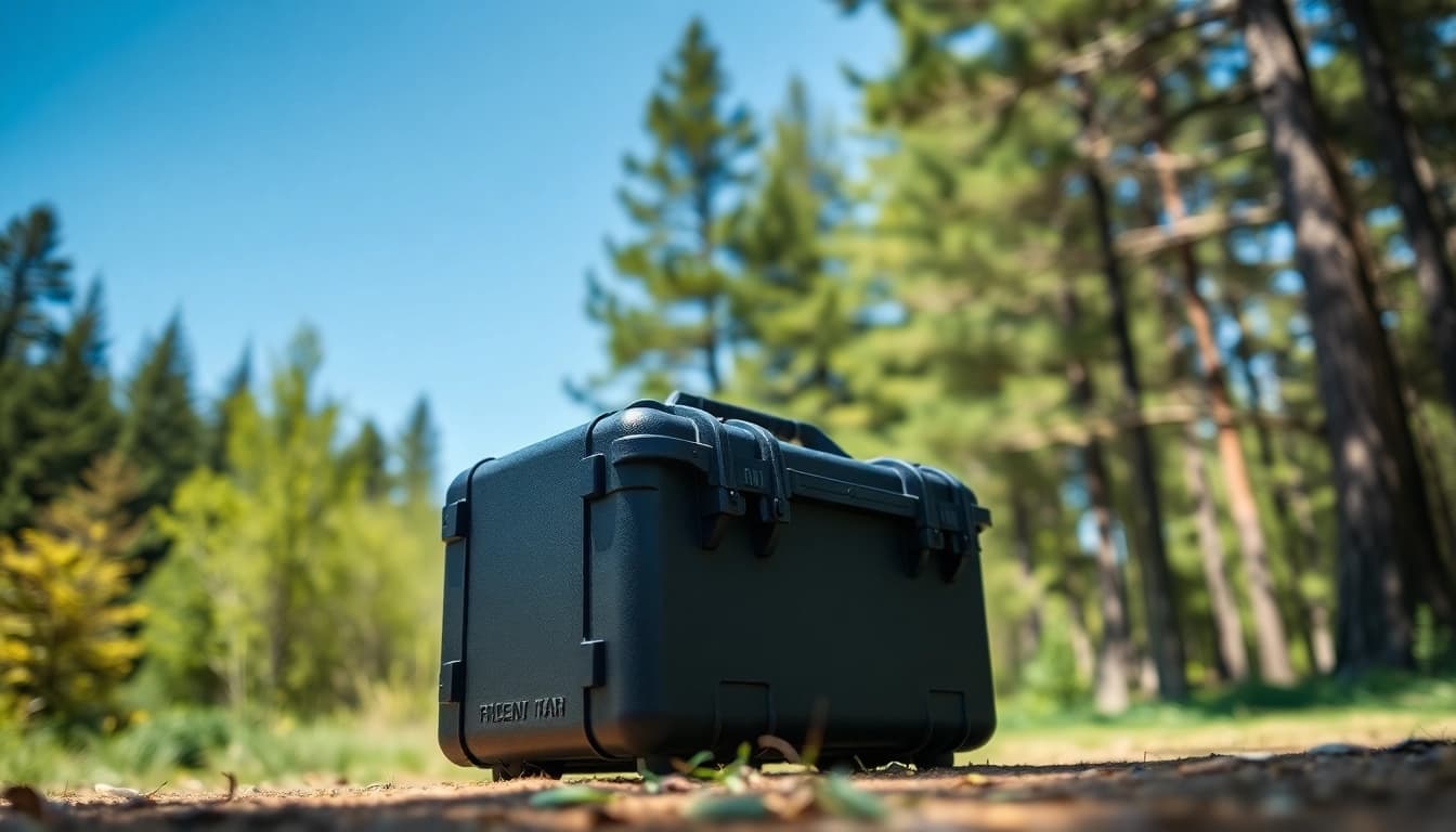 Showcase of a Pelican gun case for sale in a forest, emphasizing durability and security.