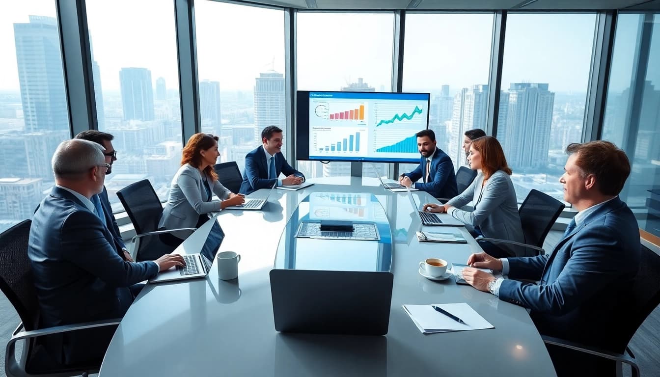 Executives engaged in a Bid-No-Bid Analysis. meeting with digital displays in a modern conference room.