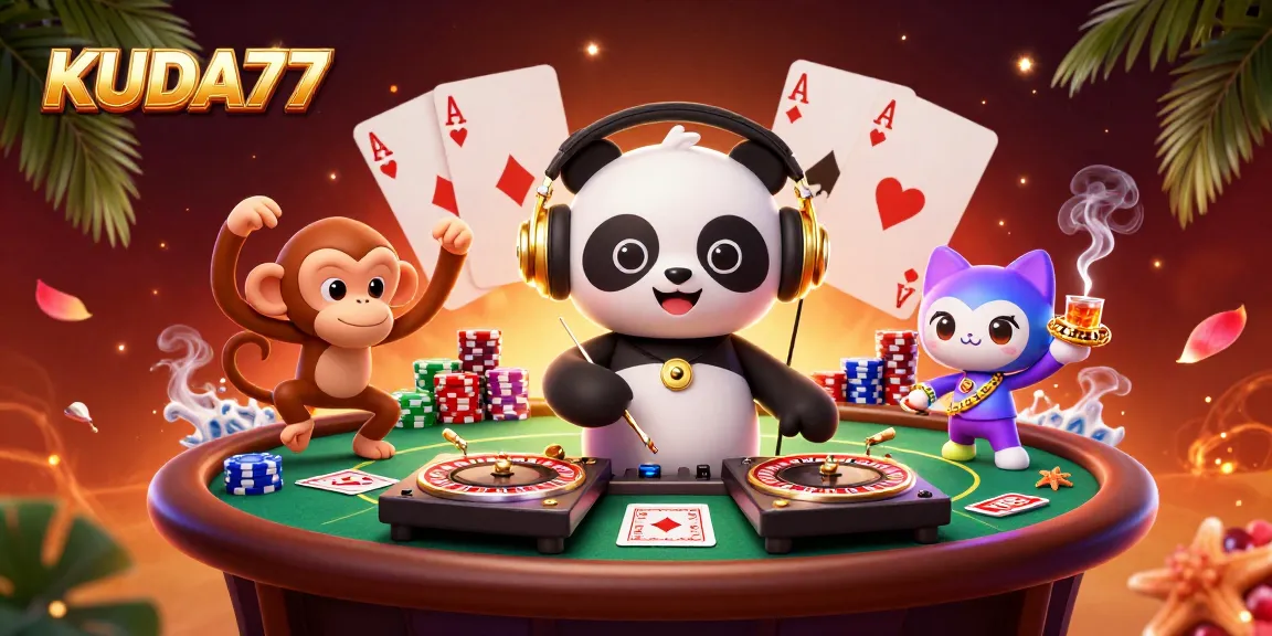 KUDA77 menghadirkan suasana kasino yang meriah dengan panda DJ dan karakter unik lainnya.