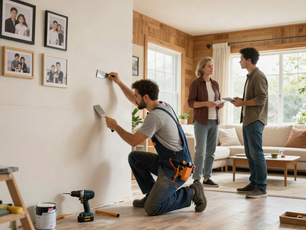 Home repair services Des Moines Iowa, handyman fixing drywall in modern living room with tools and homeowner discussing options.