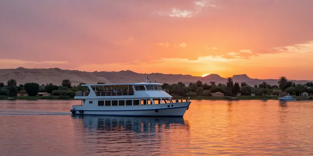 Lake Nasser Cruise at sunset with luxury ship and ancient temples