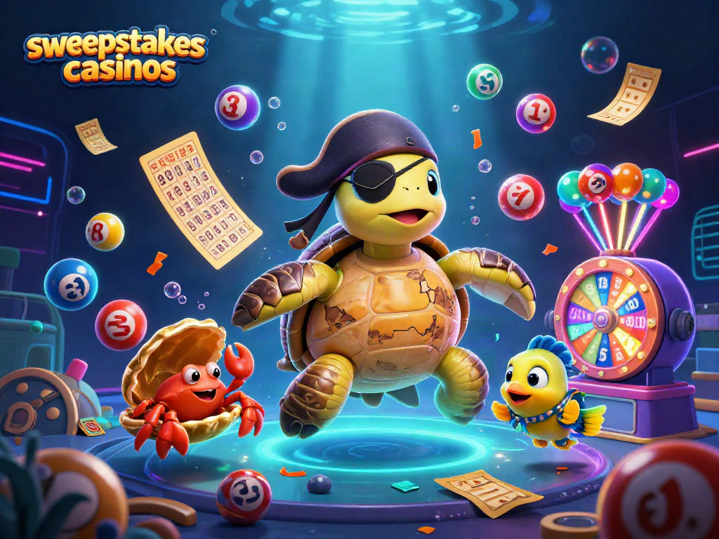 Engaging 3D illustration of sweepstakes casinos featuring a pirate turtle, crab, and fish with lottery elements.