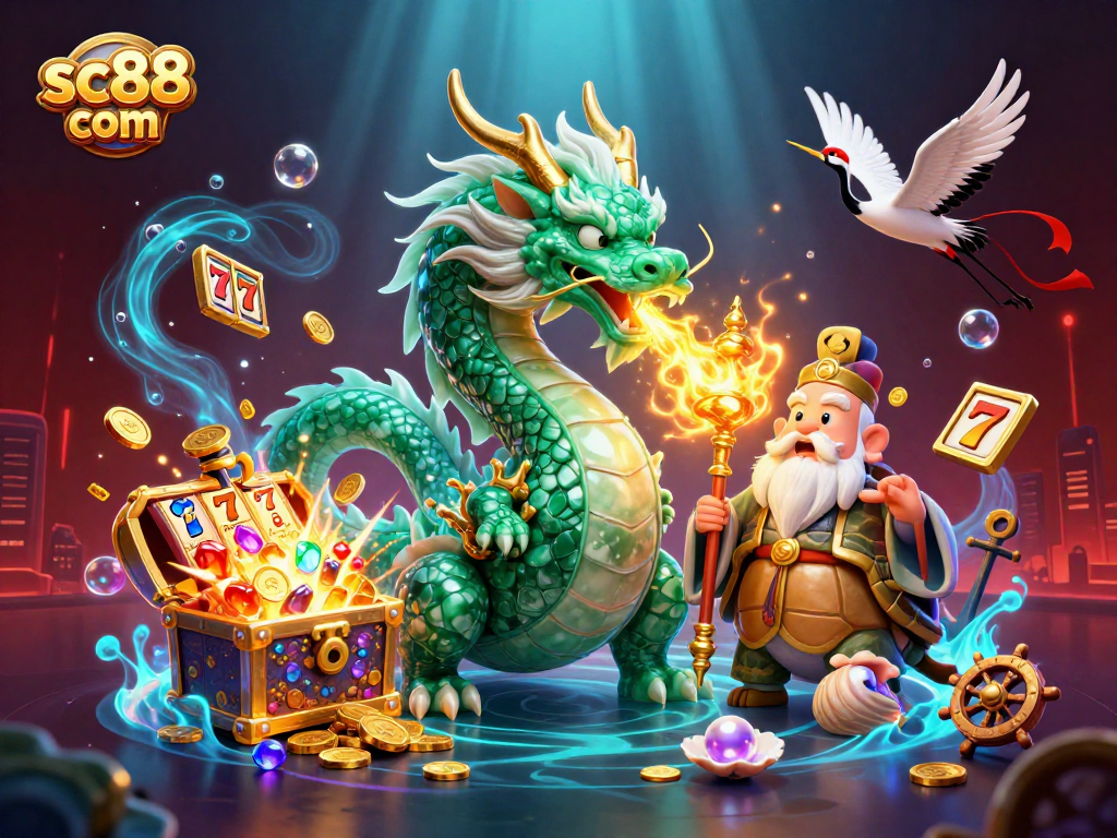 Play thrilling games at sc88 com with an emerald dragon and lucky cranes in a vibrant casino scene.
