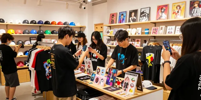Exclusive merchandise store scene highlighting rokok88 apparel and accessories, vibrant atmosphere.
