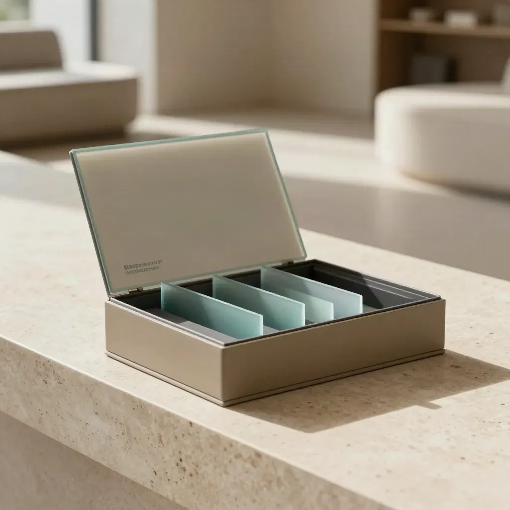 Matte sand decision pack with charcoal case and teal dividers on a travertine curve.