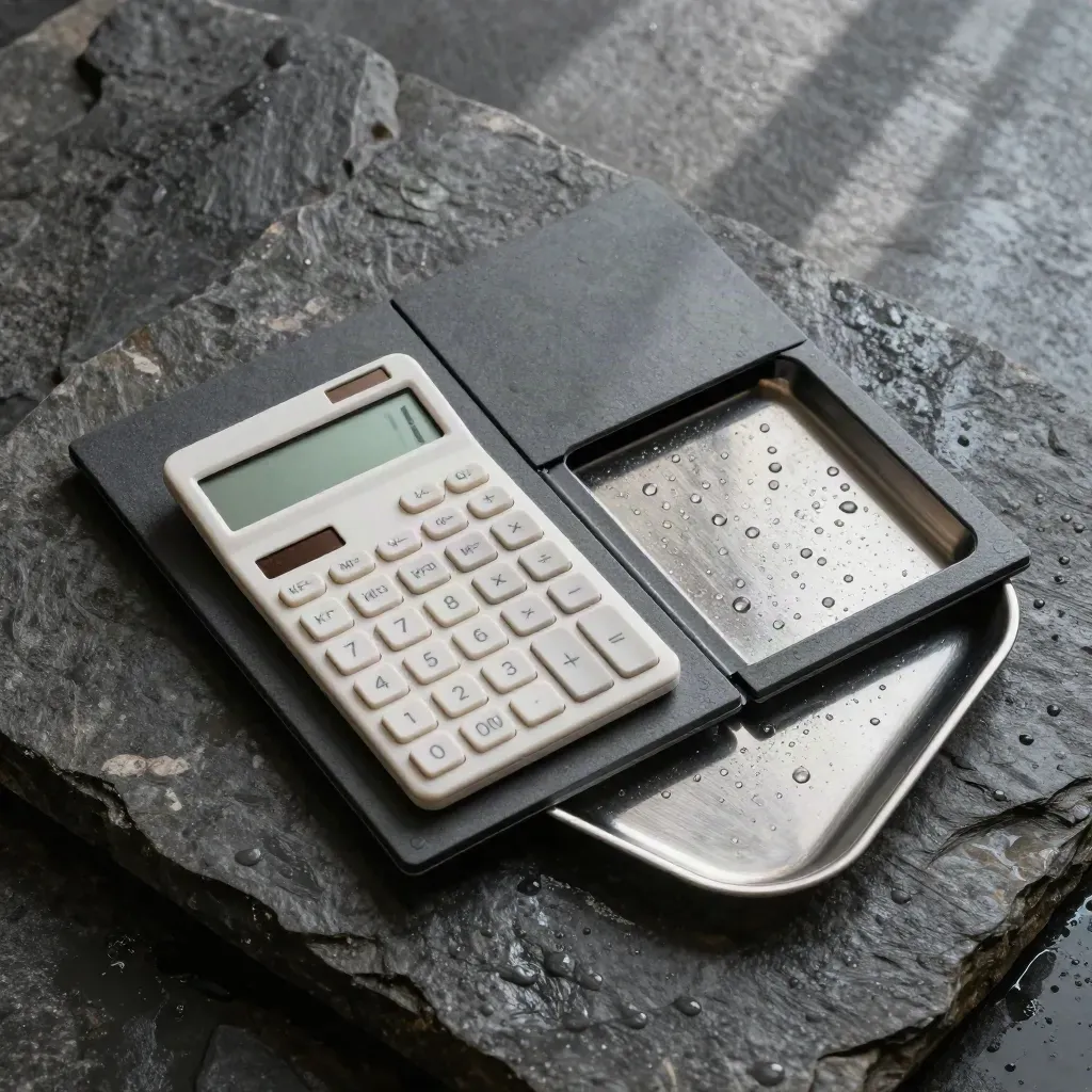 Overhead flatlay of graphite dashboard inserts, calculator tile and steel tray on wet stone.