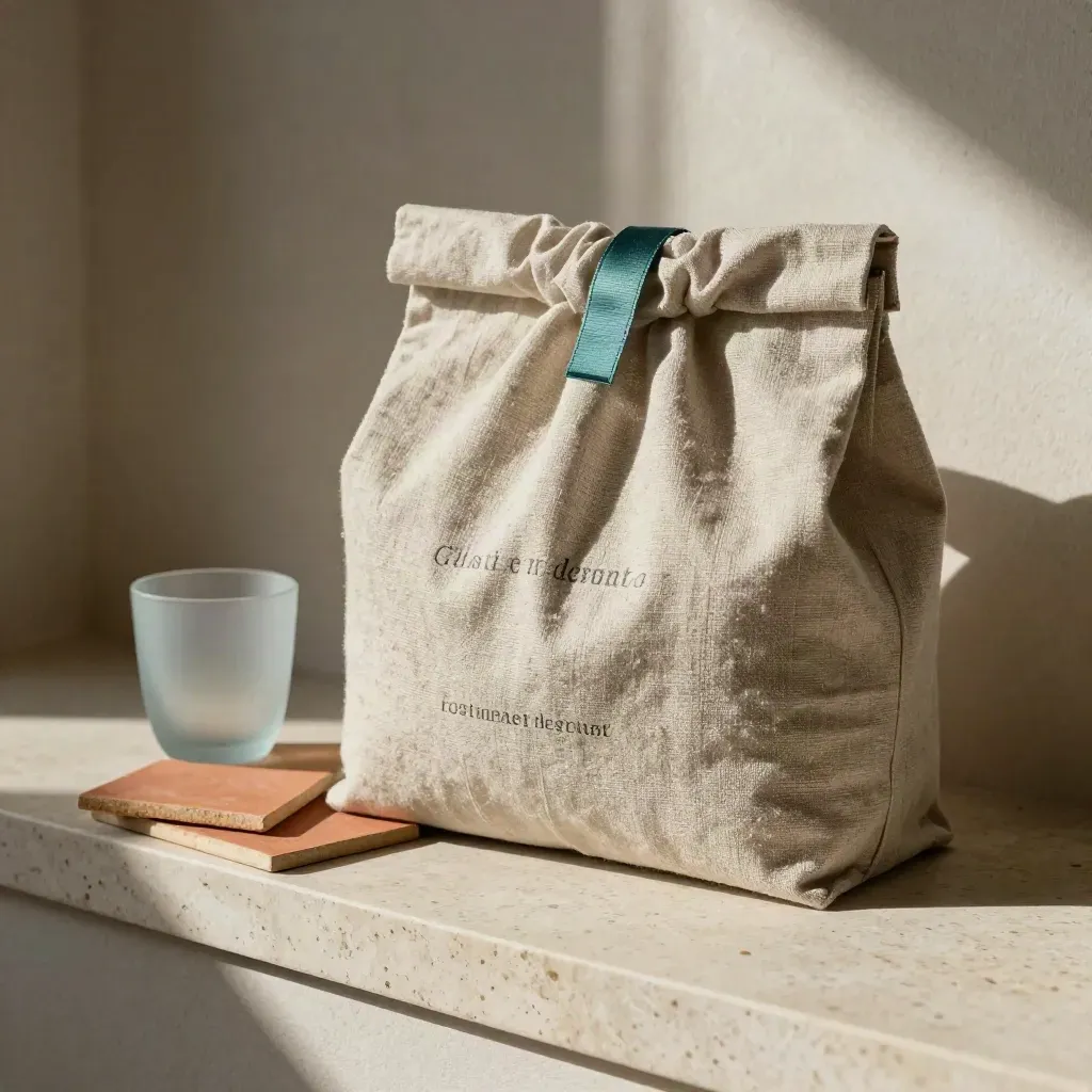 Soft bone report pack in linen with terracotta tiles and a frosted glass cup on travertine.
