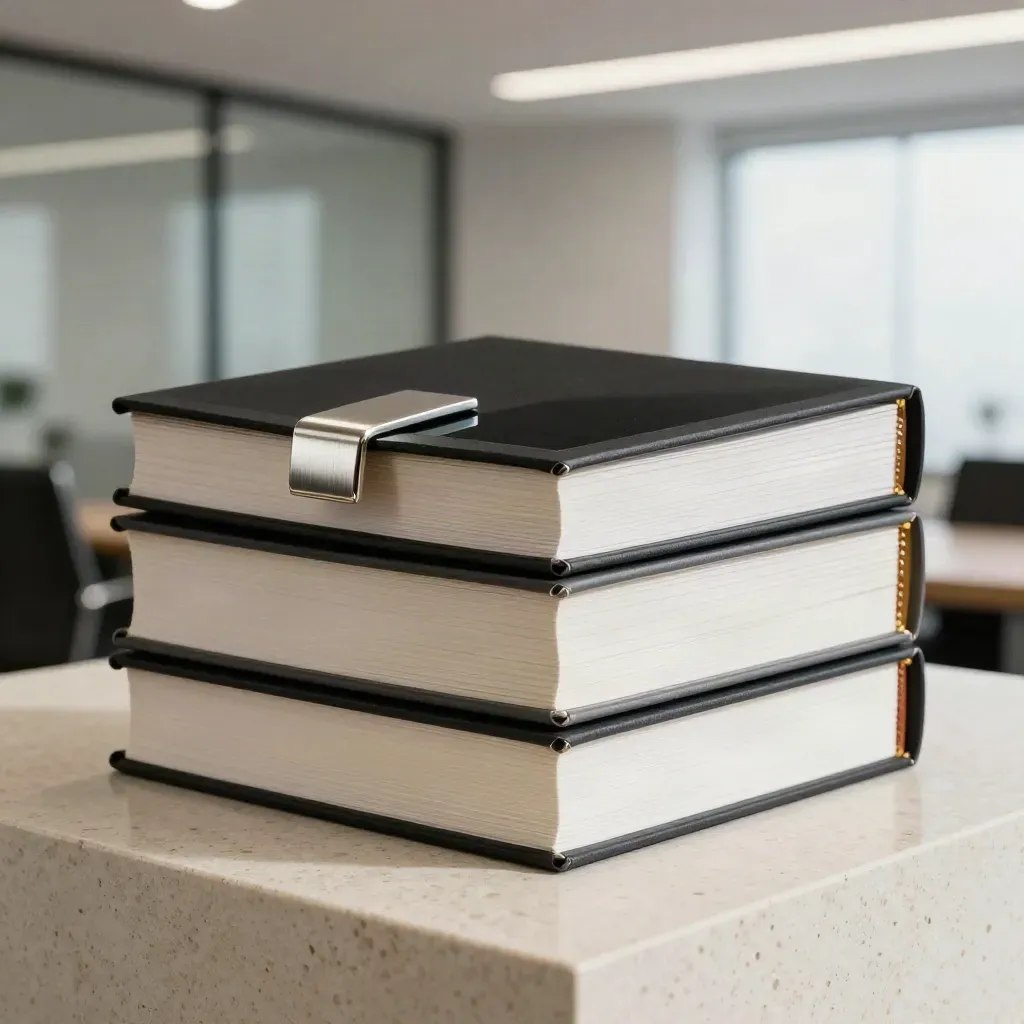 Low hero view of stacked executive report folios on travertine with silver clasp and black glass tile