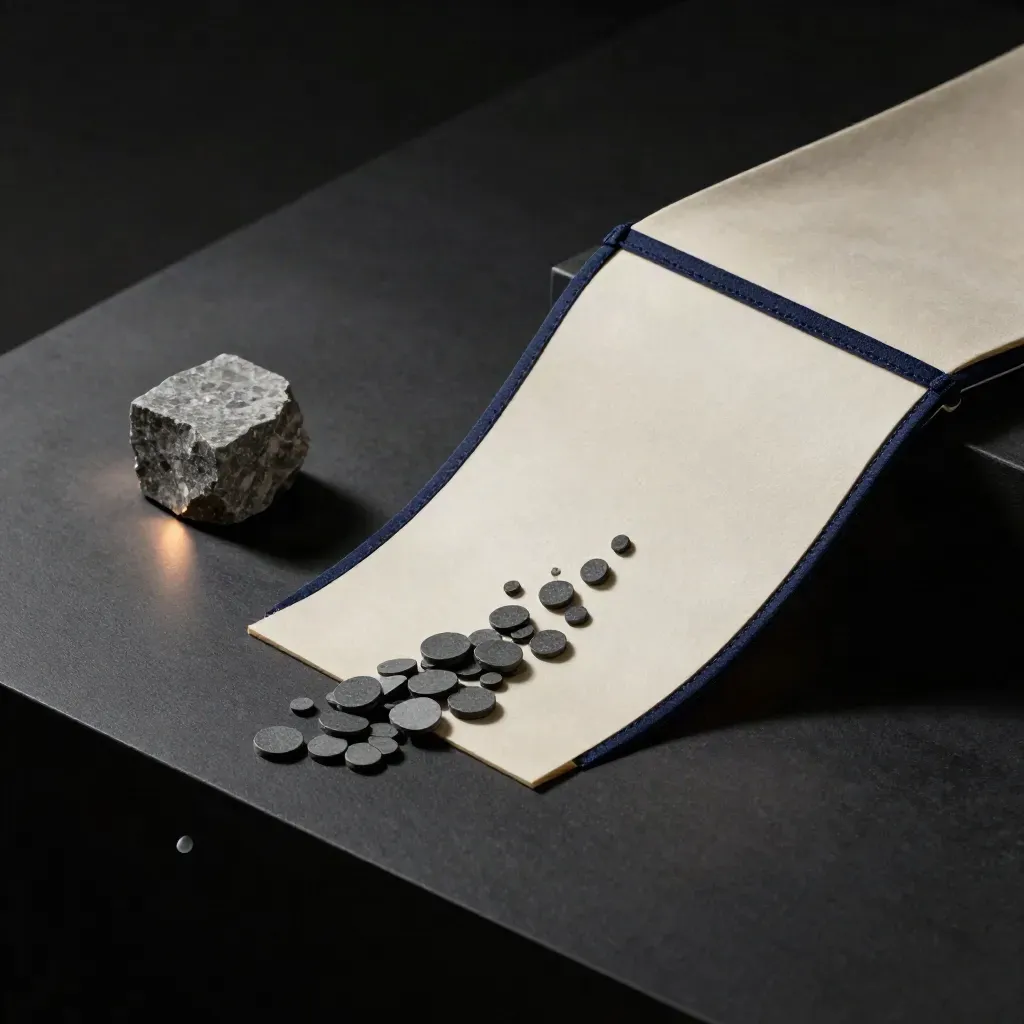 Cream pricing scan sleeve with navy tabs, graphite chips, and a stone block on a dark plinth.