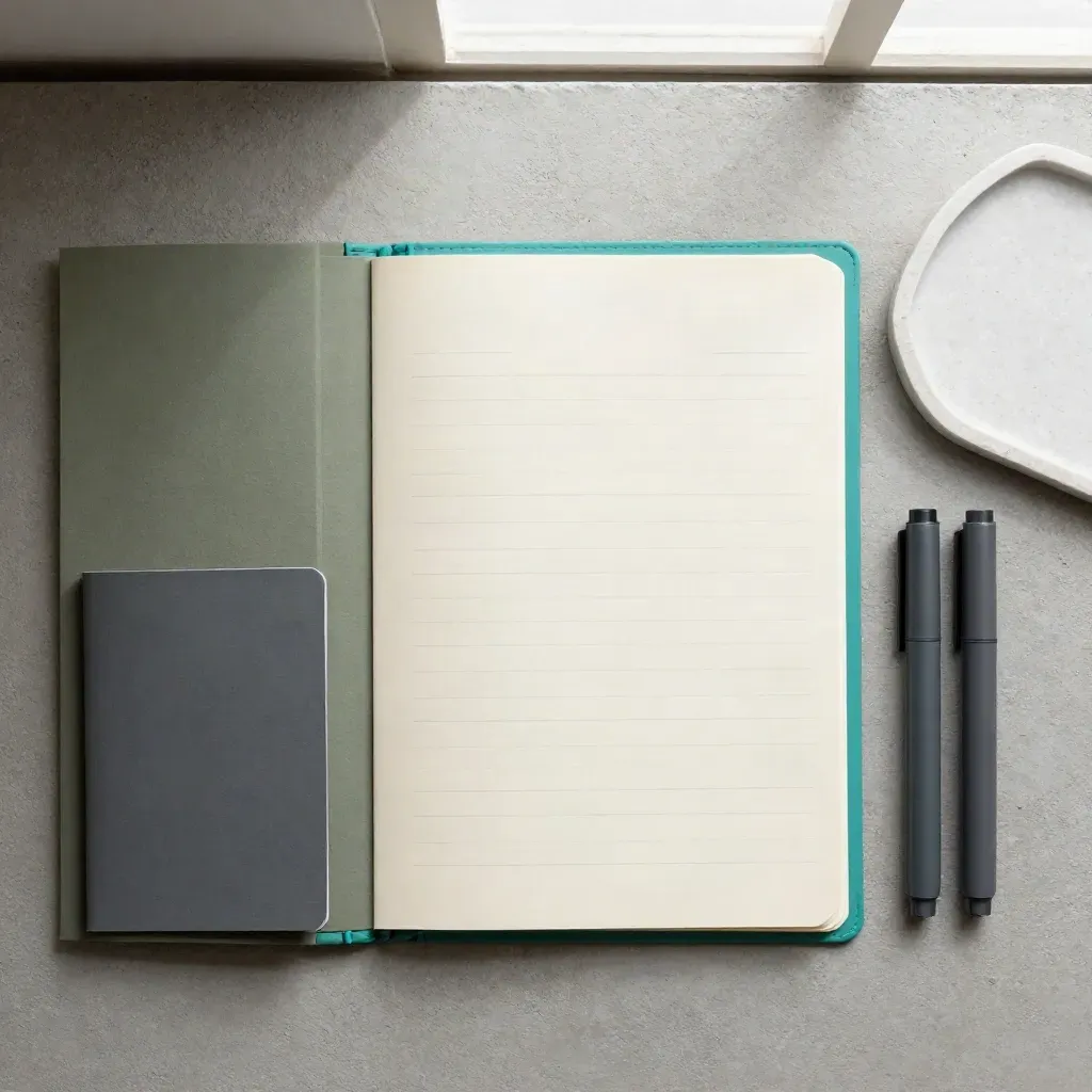 Teal-edged lead audit folio, two matte markers, and a pale stone tray in a precise overhead flat lay.