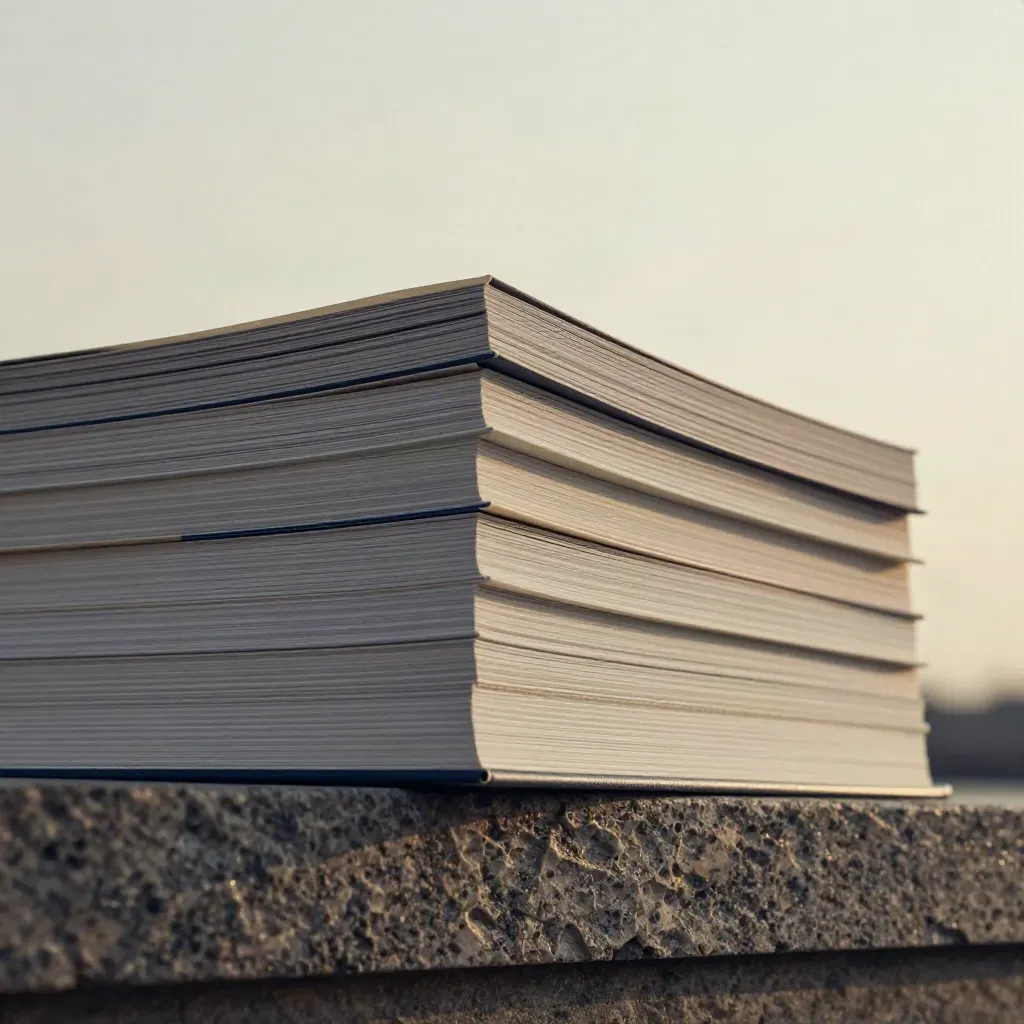 Macro of an off-white portfolio stack on limestone, with charcoal inserts and pale divider tabs.