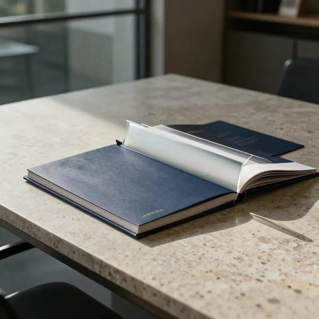 Half-open pricing folio on travertine in a quiet advisory suite, lit by soft daylight.