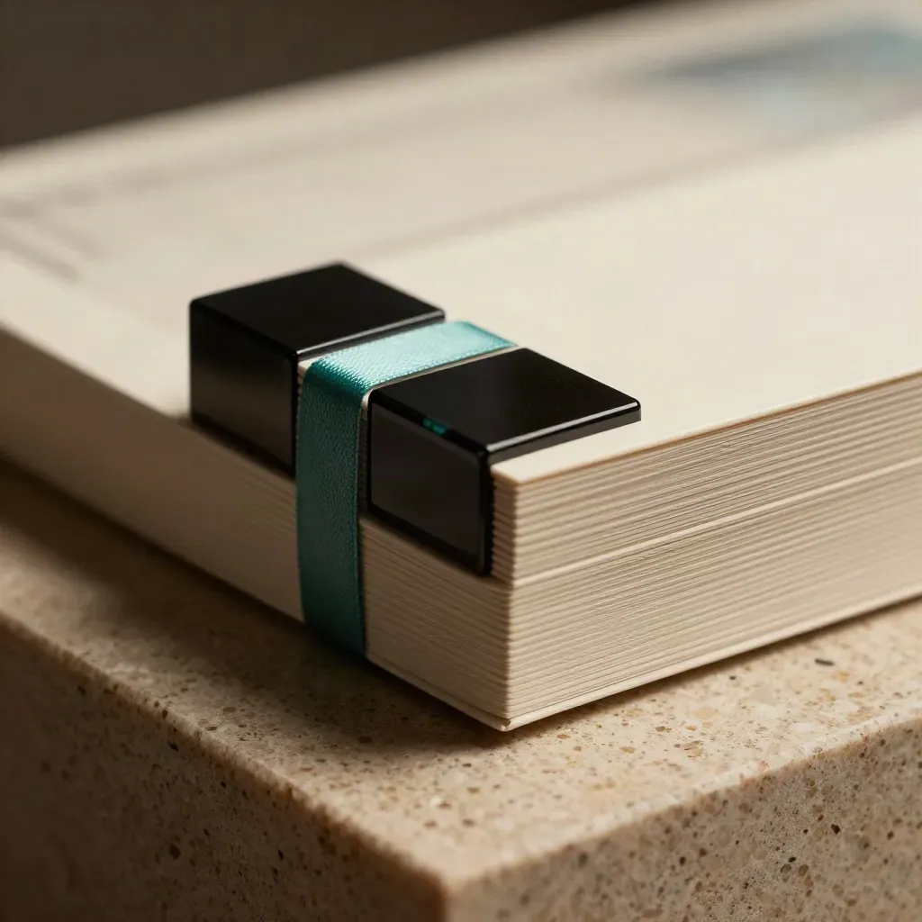 Ivory board-slide pack with black glass blocks and teal strip on travertine, low hero angle