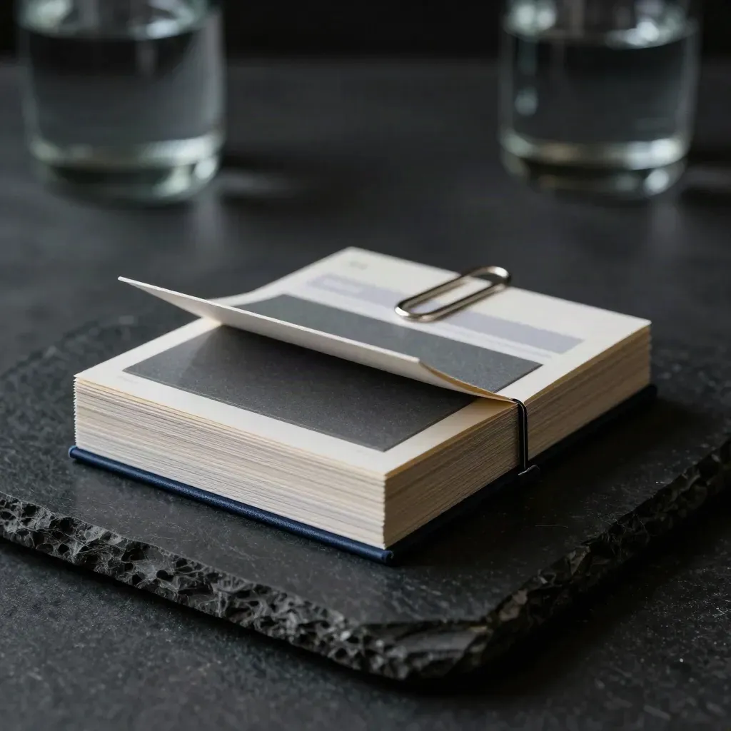 Low-angle KPI report stack with paperclip and graphite tiles on a dark studio surface.
