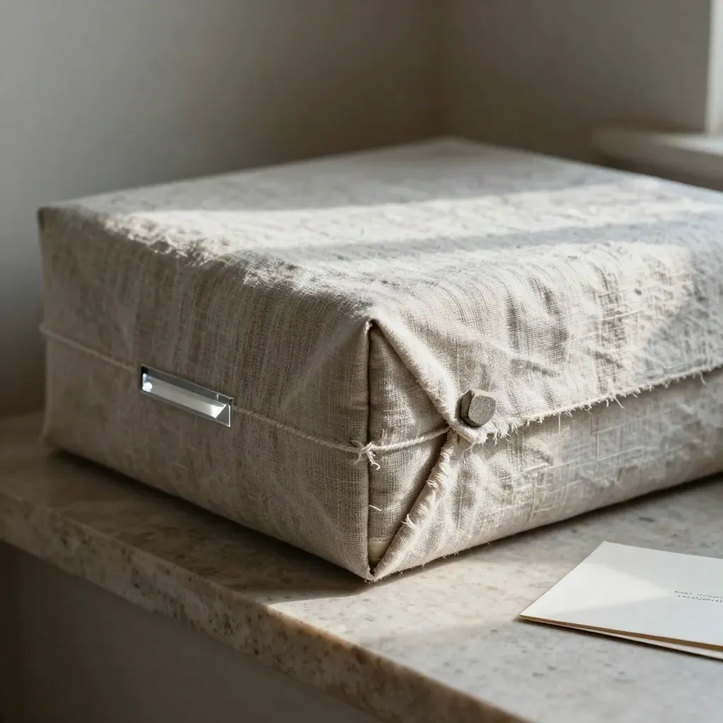 Linen-wrapped file box with clear divider and stone chip on a limestone ledge.