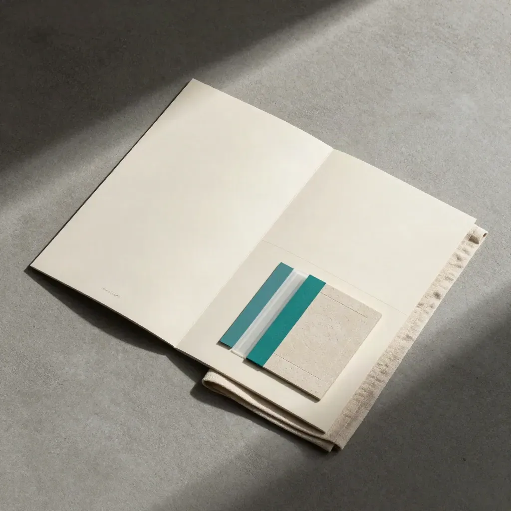 Overhead flatlay of a cream folder, linen cloth and teal tabs on concrete.