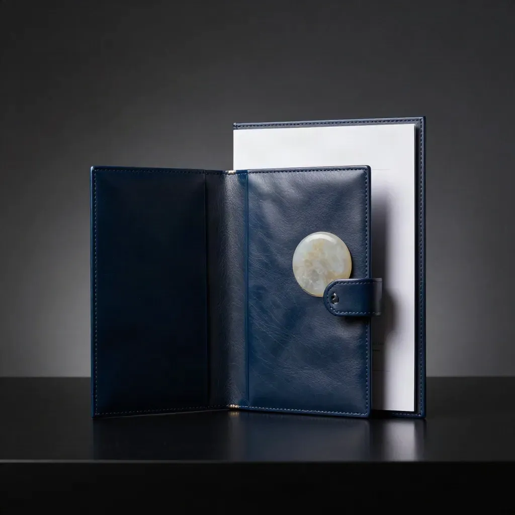 Navy briefing folio with stone weight on a dark plinth, lit dramatically in haze.