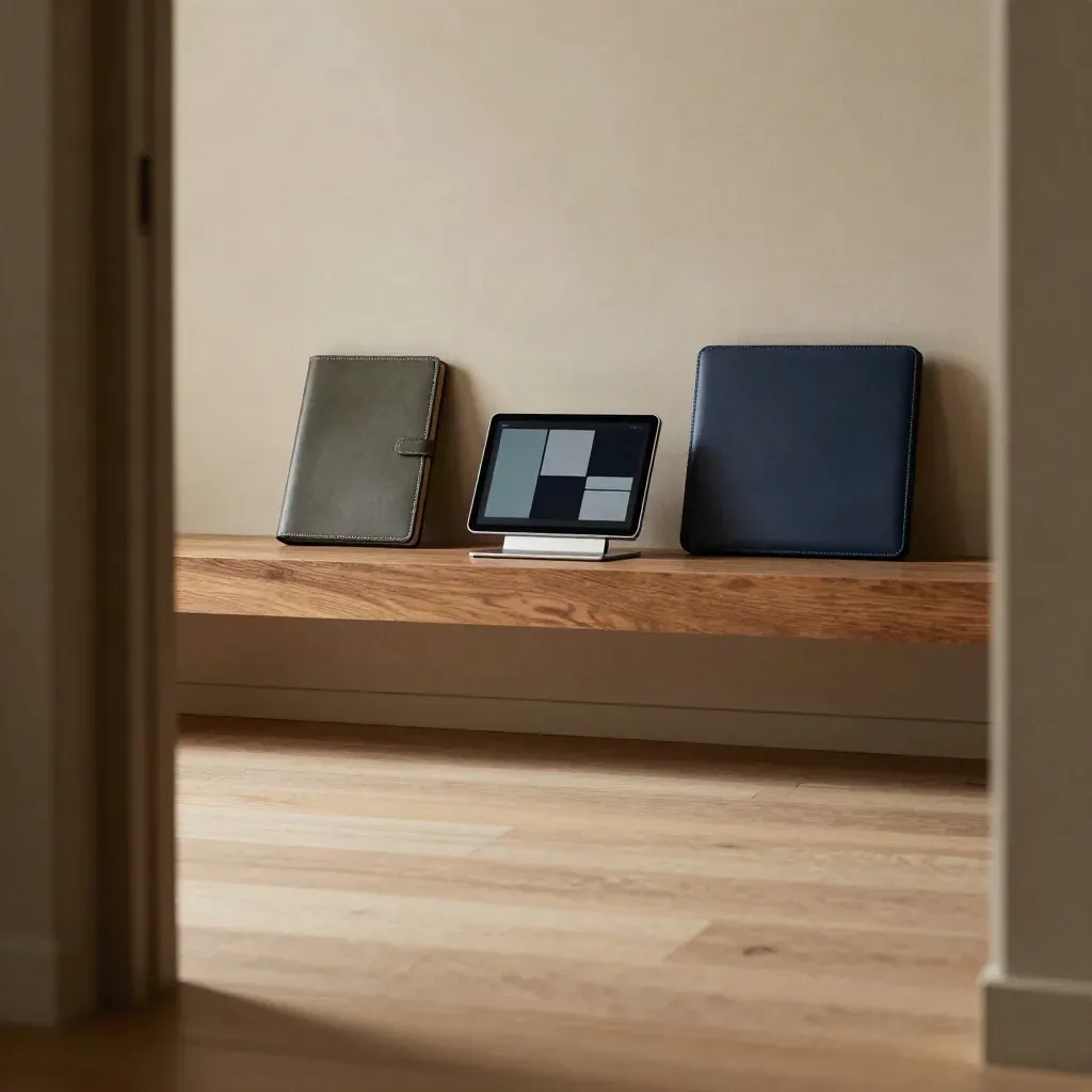 Warm oak interior with dashboard devices and a navy portfolio above a sunlit floor.