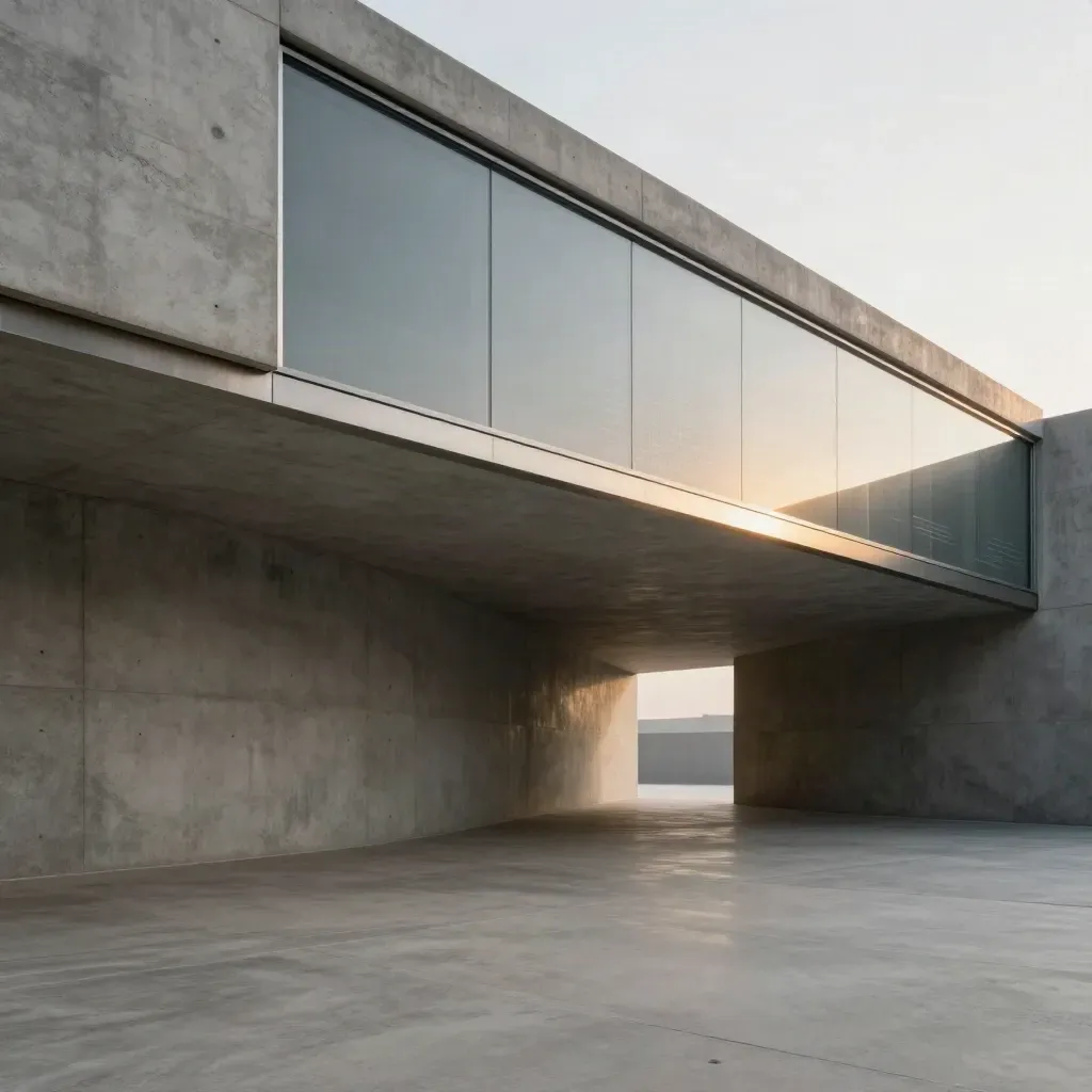 Graphite concrete corridor with frosted data panels and calm floor space